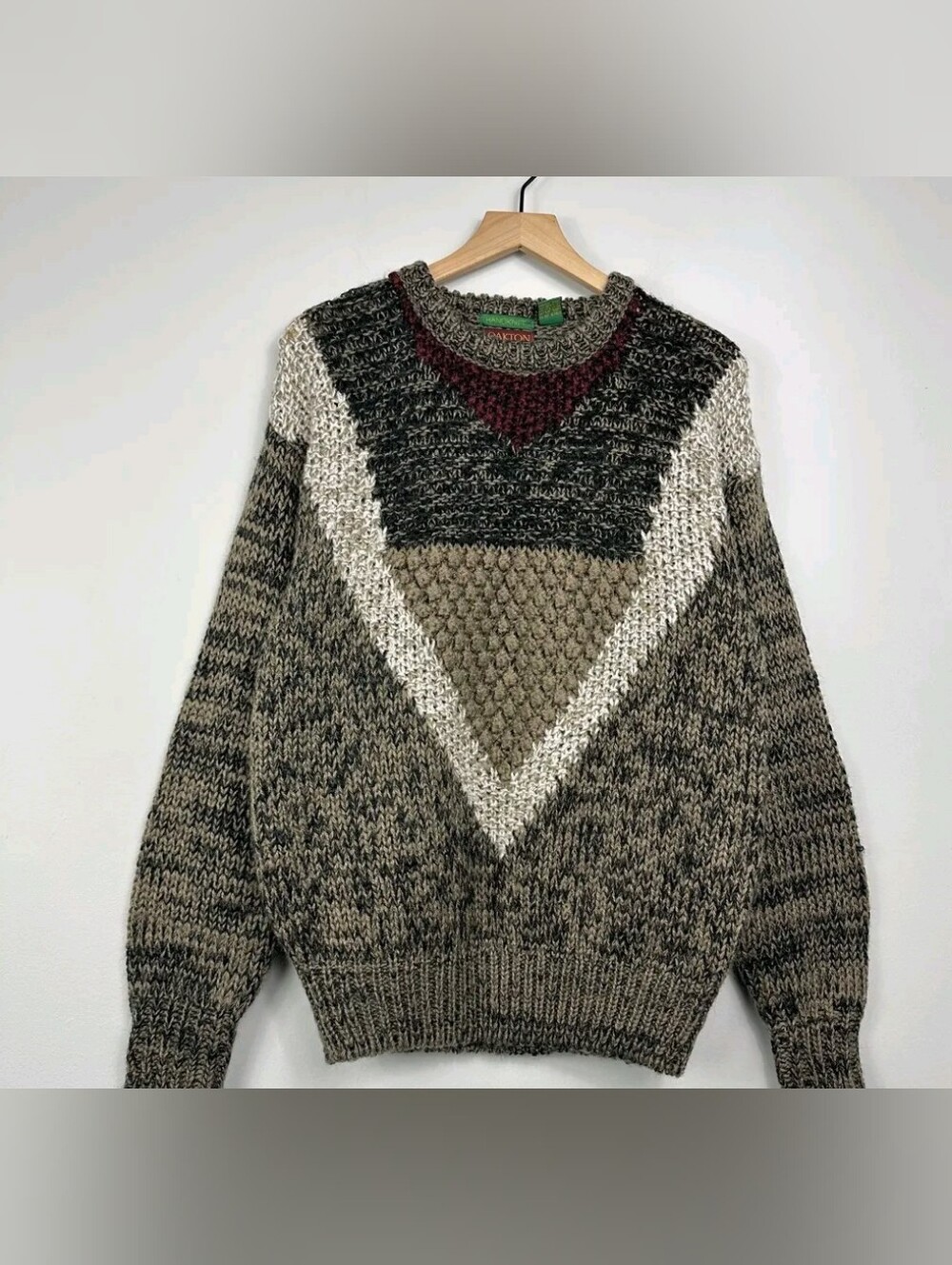 Vintage 90s Chunky Knit Sweater M Oakton Handknit Geometric Grunge Grandpa Core